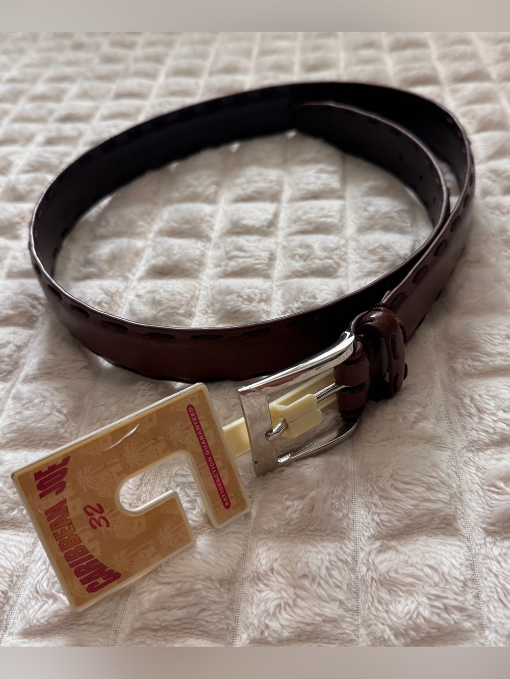 NEW Caribbean Joe 32 Brown Leather Belt Stitching Silver Hardware